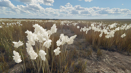 Vast field of fluffy white plants against a backdrop of tan grasses. Sunny day with scattered clouds