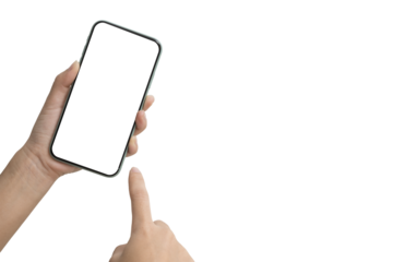 Hand pointing at smartphone screen held vertically with blank white display isolated on white background