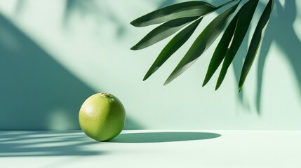 Green apple with tropical leaves on soft background for fruit freshness diet health organic food imagery