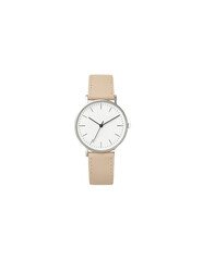 Minimalist watch with beige strap and white face on black background