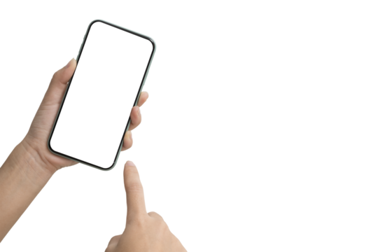Hand pointing at smartphone screen held vertically with blank white display isolated on white background - Powered by Adobe