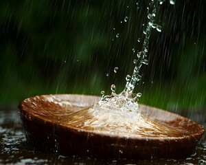 Water splashes onto a wooden bowl in a rainstorm.  Close-up view of water droplets and splashes against a dark green blurred background