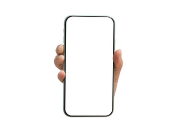 Hand holding vertical smartphone with blank white screen isolated on white background for app mockup design