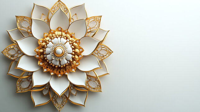 A beautiful mandala design in gold and white.Abstract fractal mandala.
