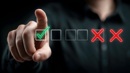 Businessman Hand Selecting Checkmark on Digital Feedback Screen in Dark Office Setting