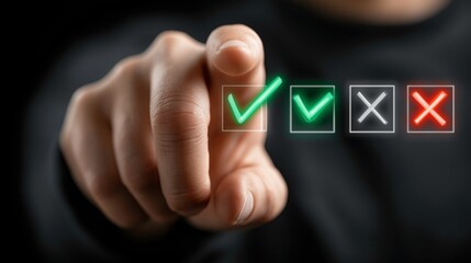 Hand Pointing at Green Checkmarks and Red Crosses on Transparent Digital Interface