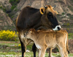 Fototapeta premium Mother cow and calf in a field