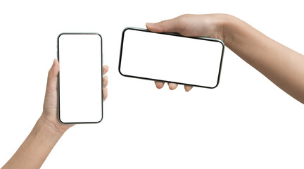 Two hands holding smartphones with blank white screen in vertical and horizontal positions isolated...