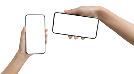 Two hands holding smartphones with blank white screen in vertical and horizontal positions isolated on white