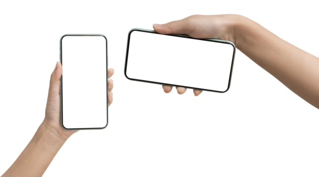 Two hands holding smartphones with blank white screen in vertical and horizontal positions isolated on white