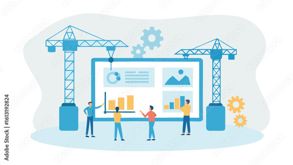 Aufkleber team analyzing data on a large screen with cranes and gears in a light blue and yellow color scheme