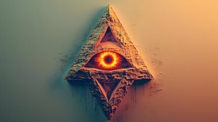 Pyramid-shaped, textured stone structure, with a blazing eye in center.  Glowing orange eye within stone, pyramid, illuminated