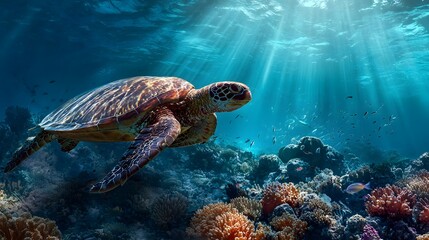Fototapeta premium Majestic sea turtle gliding through vibrant coral reef, sunlight filtering through water