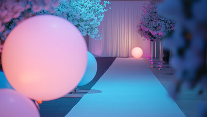 The white carpeted entranceway was decorated with pink and blue flowers, large round balloons, and bright lights at the start of the night's ceremony.