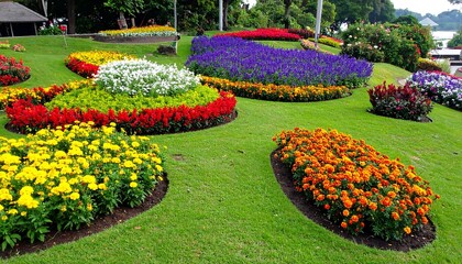 Obraz premium Colorful flowerbeds in a lush garden.