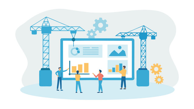 Team analyzing data on a large screen with cranes and gears in a light blue and yellow color scheme