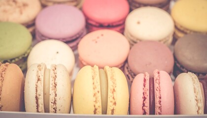 Colorful French macarons close up view.