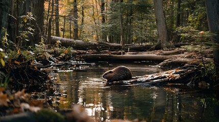 Beaver resting on a log by a serene stream in a vibrant autumn forest, surrounded by colorful foliage