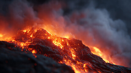 Close-up view of glowing lava flow from an active volcano, showcasing the intense heat and beauty of nature's powerful forces.