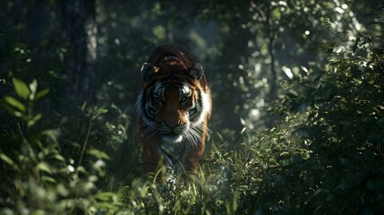 Majestic tiger prowling through a lush forest, sunlight filtering through the trees, creating a serene atmosphere