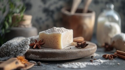 Natural handmade soap with spices and towel for wellness skincare spa bath rustic organic hygiene concept