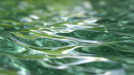 Gentle ripples on a serene water surface, reflecting vibrant green hues and creating a calming atmosphere of nature.