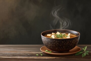 A miso soup with tofu and green onions, traditional Japanese dish, ceramic bowl on rustic wooden table. Generative AI