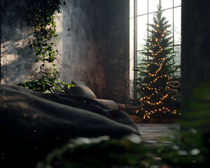 A Christmas scene in a derelict room, with a Christmas tree by a large window, draped in plants and muted light.  Dark bedding and overgrown spaces