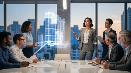 Architect presents innovative building concept in modern office setting while engaging with a diverse team - Powered by Adobe