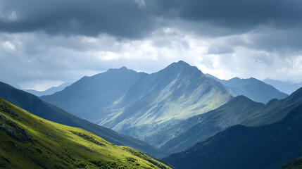 Majestic mountains emerge from lush green valleys under a dramatic sky, showcasing the beauty of nature and tranquility.