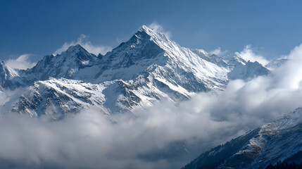 Majestic snow-capped mountains rise above the clouds, showcasing nature's breathtaking beauty and tranquility in a stunning landscape.