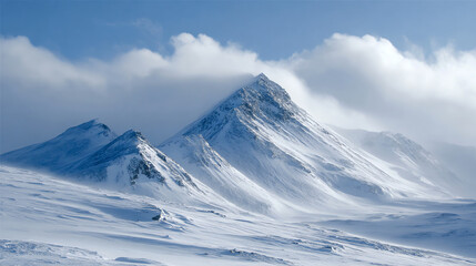 Majestic snow-capped mountain peaks rise against a blue sky, shrouded in mist, embodying the beauty of nature's winter wonderland.