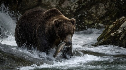 Grizzly bear catching salmon in a river surrounded by rocky terrain and splashing water