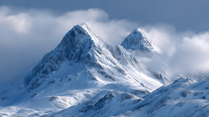 Majestic snow-covered mountains loom under dramatic clouds, creating a breathtaking winter landscape.
