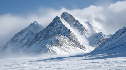 Majestic snow-covered mountains stand tall against a clear blue sky, showcasing the beauty of winter's serene landscape.