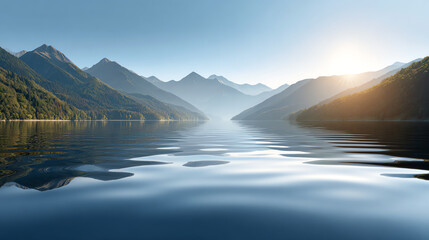 Serene lake surrounded by majestic mountains under a clear blue sky, reflecting the sun's warm glow on the water's surface.
