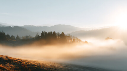 Serene landscape featuring misty mountains and a soft sunrise, creating a peaceful atmosphere in nature.