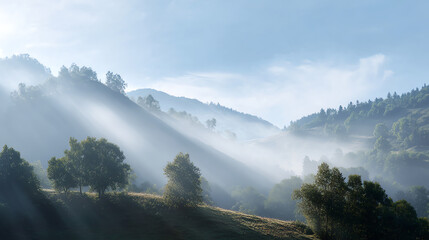 Serene mountain landscape with misty valleys and lush greenery, capturing the essence of nature and tranquility.