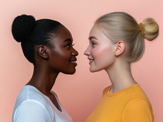 Photo of two friends with different skin tones swapping beauty products