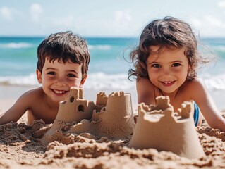 Photo of two kids playing in the sand at the beach, building a giant sandcastle