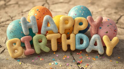 Colorful Happy Birthday Balloons and Letters on Cracked Ground
