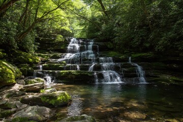 Cascading waterfall in a lush forest
