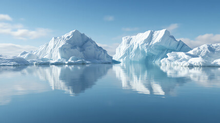 Stunning view of icebergs reflecting in calm waters under a clear blue sky. A serene moment in nature's frozen beauty.