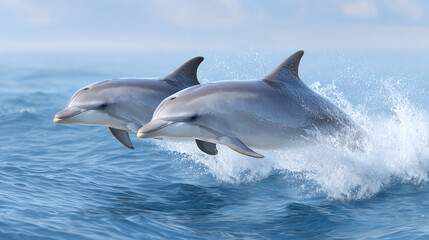 Two dolphins elegantly leap through the ocean waves, showcasing their playful nature and agility in a vibrant marine environment.
