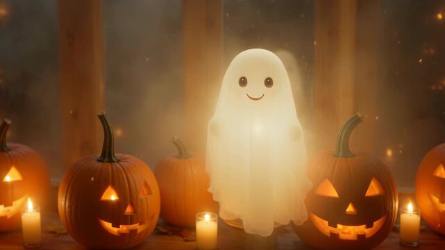A ghost is standing in front of a pumpkin and a pumpkin with a candle inside