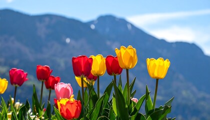 Colorful tulips blooming with mountain view.