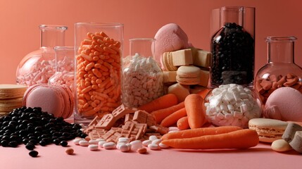 Assorted supplements and vegetables in colorful arrangement for health food vitamins organic lifestyle wellness visuals