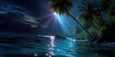 Waves gently lap against rocks under moonlight with palm trees swaying on a quiet tropical shore at night