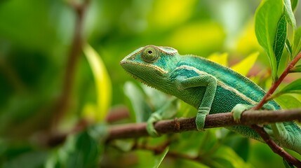 Close-up of a vibrant green chameleon perched on a branch amidst lush green foliage