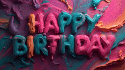 Colorful Cake Decoration with Happy Birthday Text in Swirling Icing Style